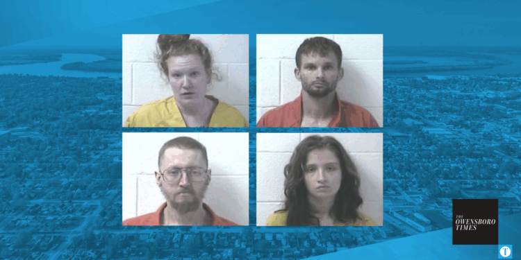 Four suspects — 30-year-old Corby Tram Newton, 36-year-old Charles Lee Buchanan, 29-year-old Darah-Jo Hatton Thrasher, and 20-year-old Angel Danielle Duke — were arrested and lodged in the Daviess County Detention Center.